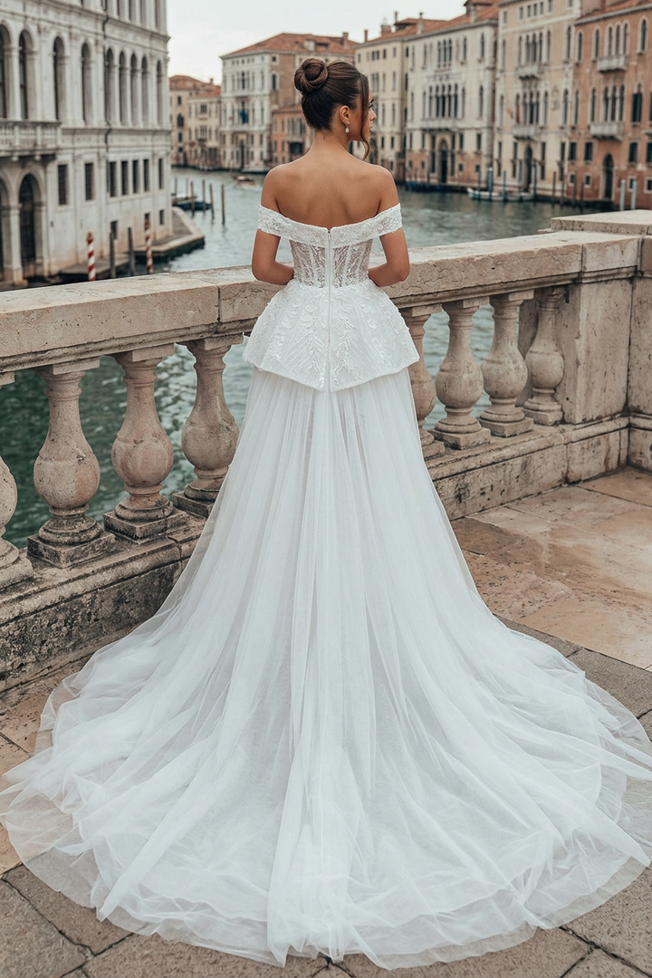 2 in 1 wedding dress detachable skirt White 2-in-1 Off Shoulder Illusion Boned Corset Lace Peplum Crystal Mini Cathedral Train features:Bump Friendly Size:30x32 Beige Long Sleeve Midi Keywords 2