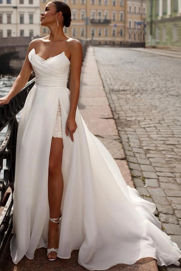 a line underskirt wedding dress White A-Line Strapless Sweetheart Ruched Corset Bodice High Slit Sequin Lace Lace-Up Back Organza Bridal Gown Dresses with Pockets Is the quality of AW Christina Dress, Dark Fit:Long
