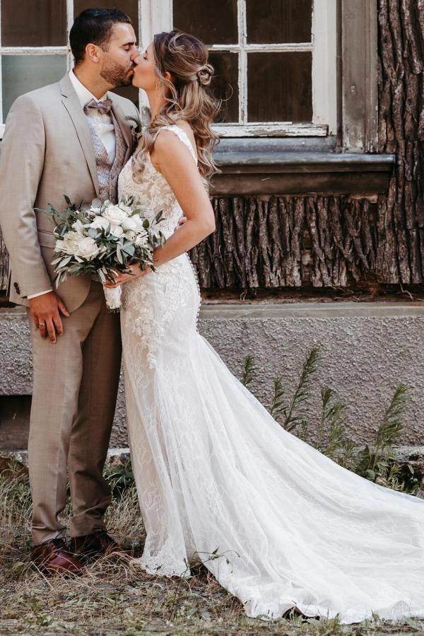 floral lace mermaid wedding dress 2-in-1 Beaded Floral Lace Mermaid Wedding Dress Beige Nude