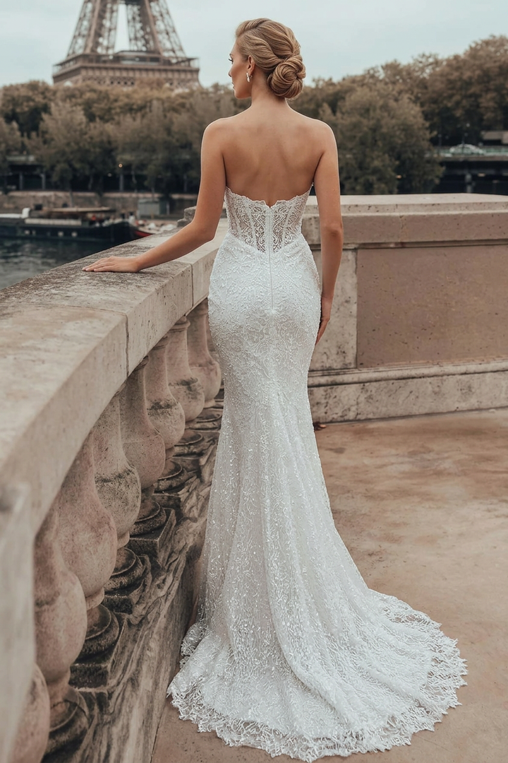 mermaid wedding dress feathers Lace Pearls Feather Sheer Mermaid Wedding Dress