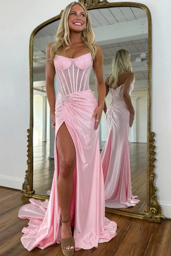 Exquisite Long Blue Mermaid Glitter Strapless Corset Prom Dress with Slit