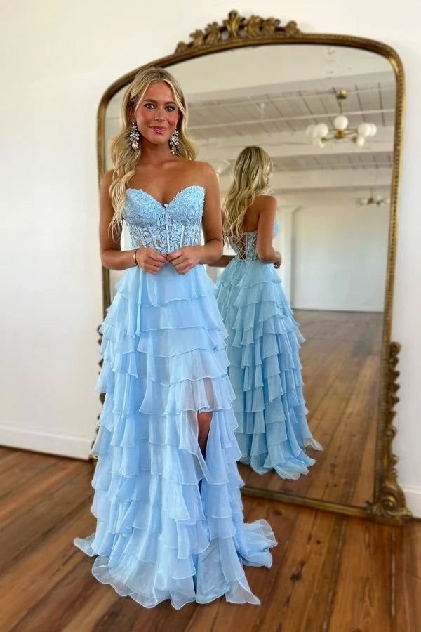 Elegant Strapless Blue Long A-line Lace Chiffon Prom Dress with Slit
