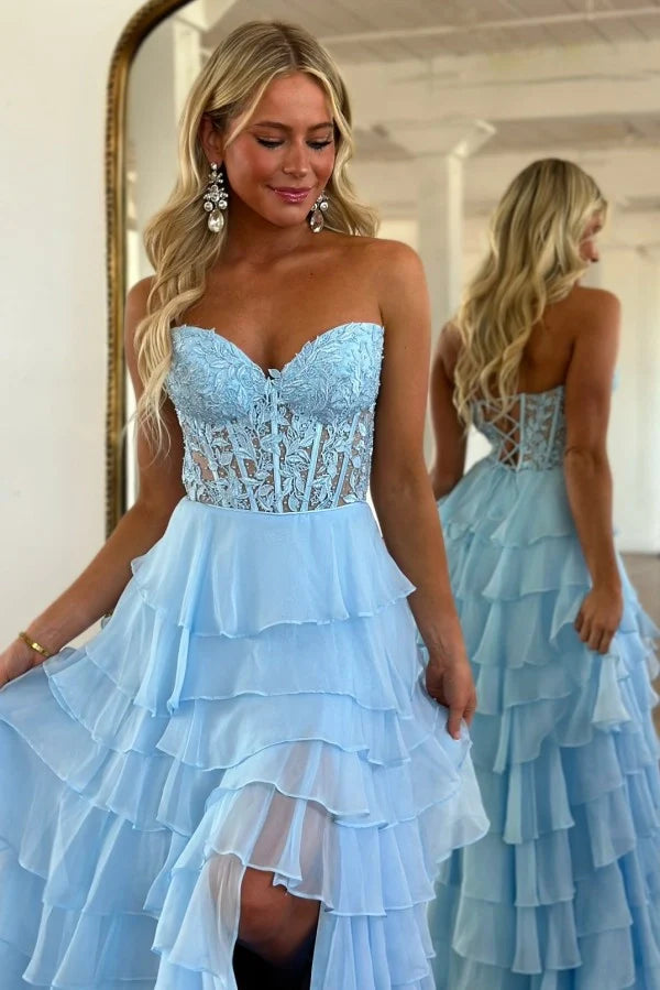 Elegant Strapless Blue Long A-line Lace Chiffon Prom Dress with Slit