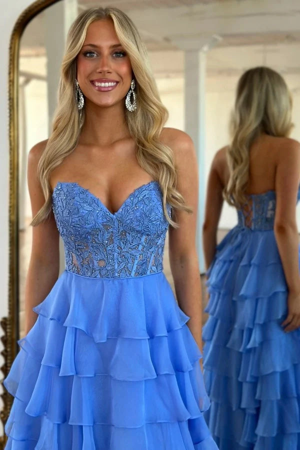 Elegant Strapless Blue Long A-line Lace Chiffon Prom Dress with Slit