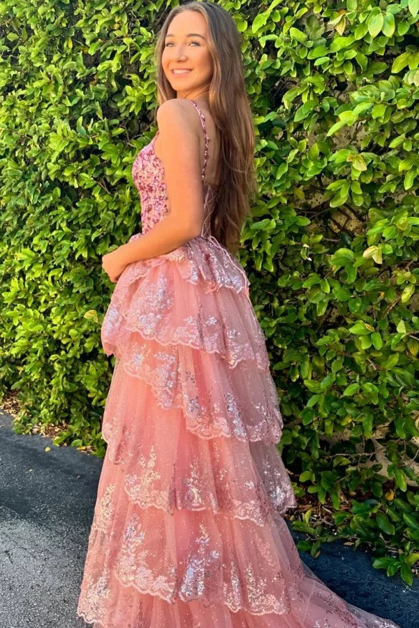 Glamorous Long Pink A-line Spaghetti Straps Lace Prom Dress