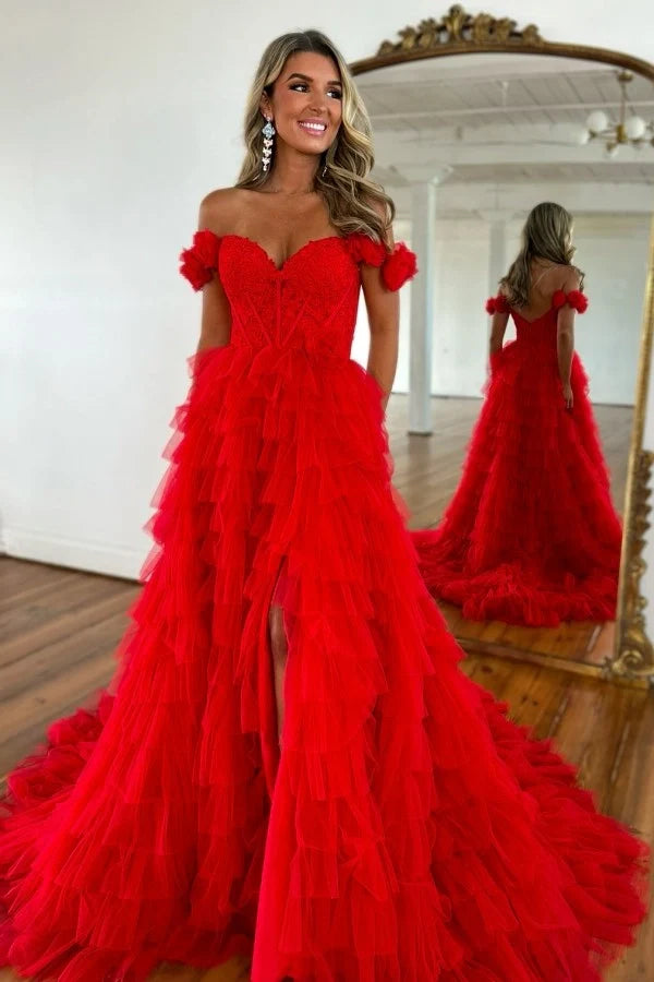 Fashion Long Red Mermaid Off-the-shoulder A-line Lace Prom Dress with Slit