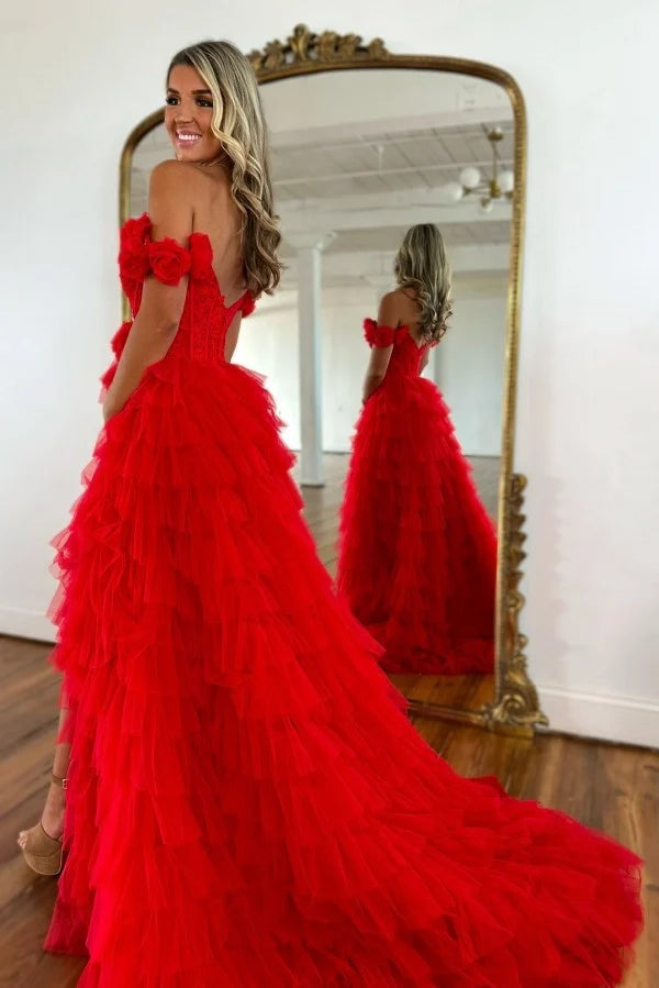 Fashion Long Red Mermaid Off-the-shoulder A-line Lace Prom Dress with Slit