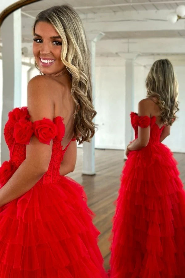 Fashion Long Red Mermaid Off-the-shoulder A-line Lace Prom Dress with Slit
