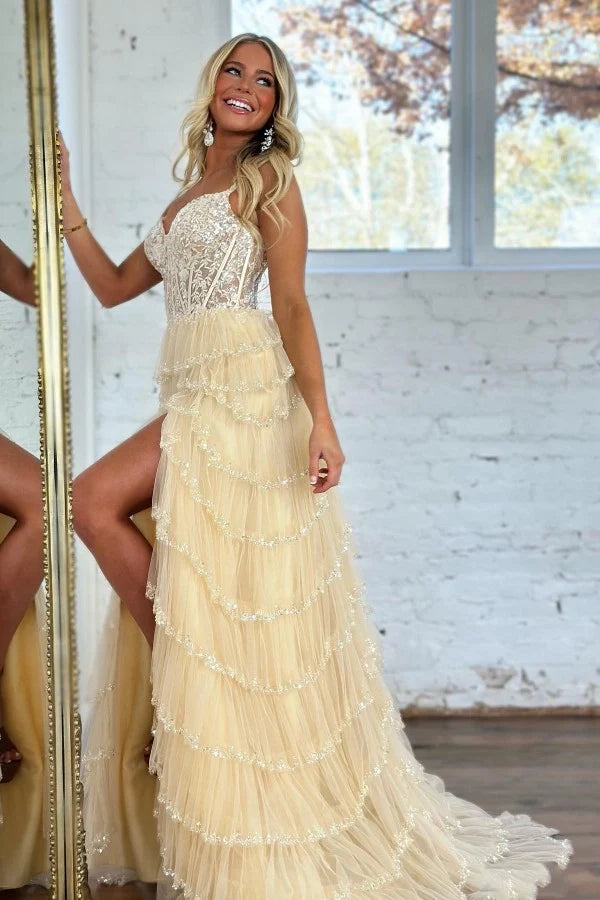 Charming Long Champagne A-line Lace Sleeveless Prom Dress with Slit