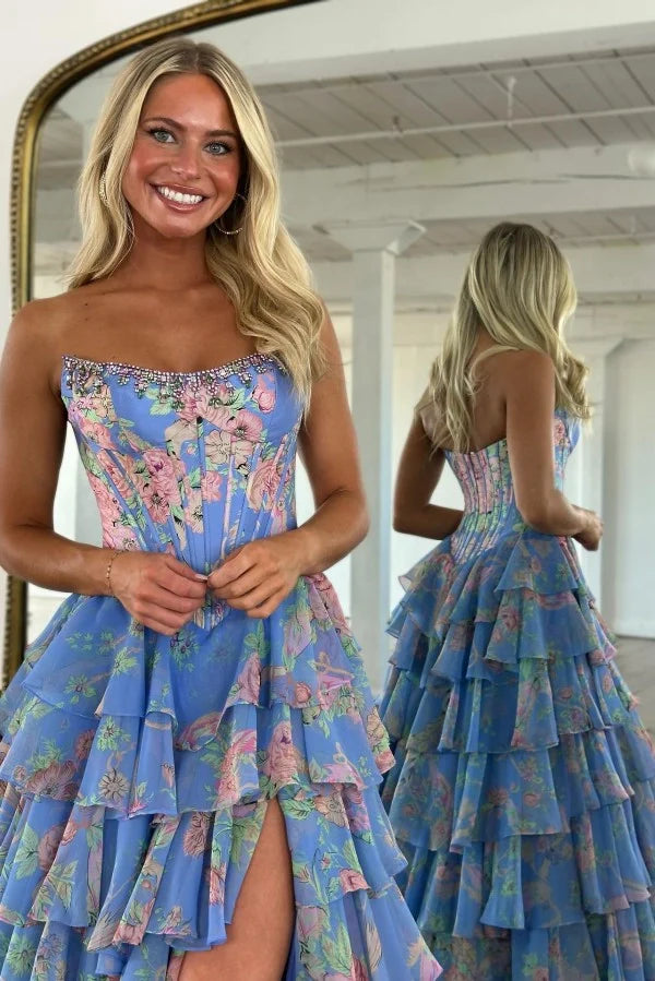 Attractive Long Yellow A-line Strapless Corset Prom Dress with Slit