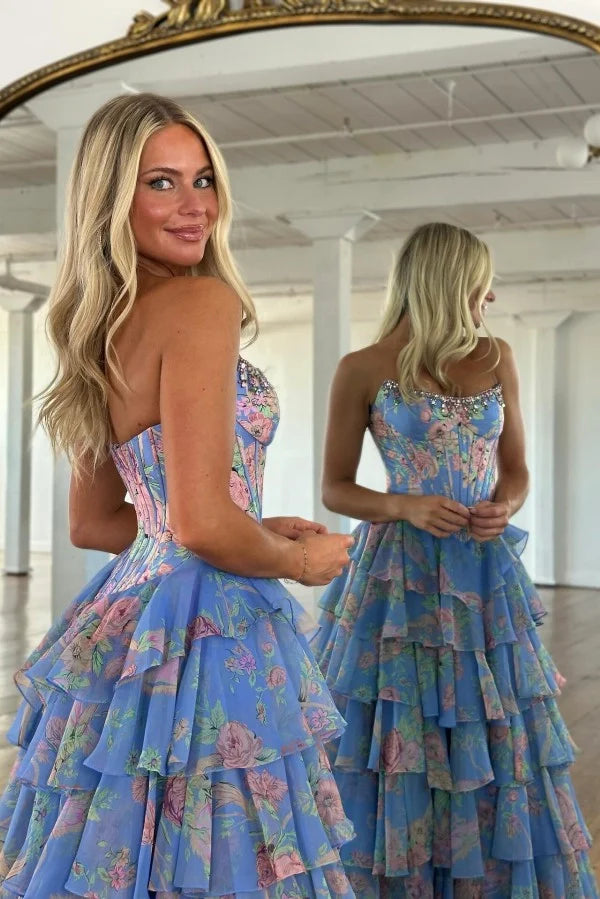 Attractive Long Yellow A-line Strapless Corset Prom Dress with Slit