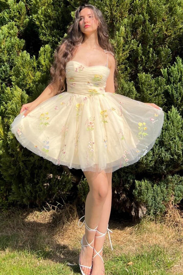 Koscy A Line Short Floral Embroidery Homecoming Dress