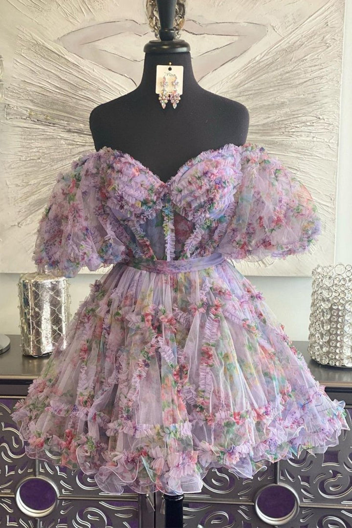 Koscy A Line Off the Shoulder Printed Homecoming Dress