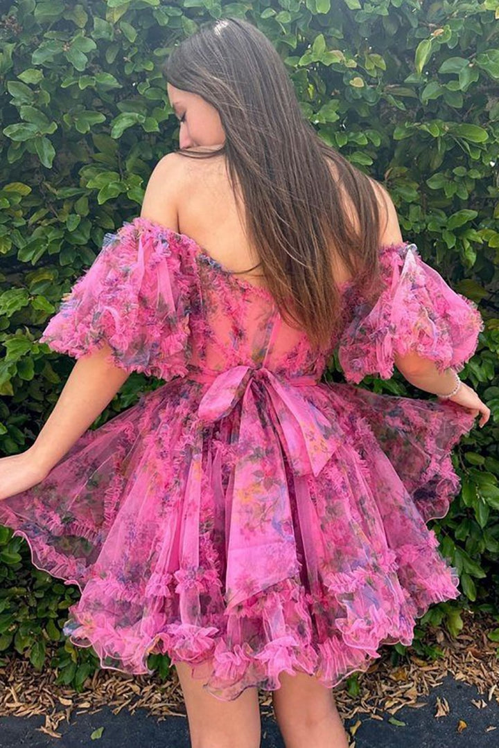 Koscy A Line Off the Shoulder Printed Homecoming Dress