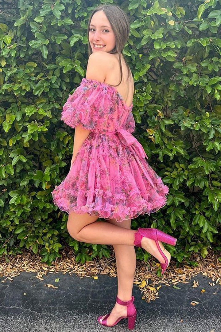 Koscy A Line Off the Shoulder Printed Homecoming Dress