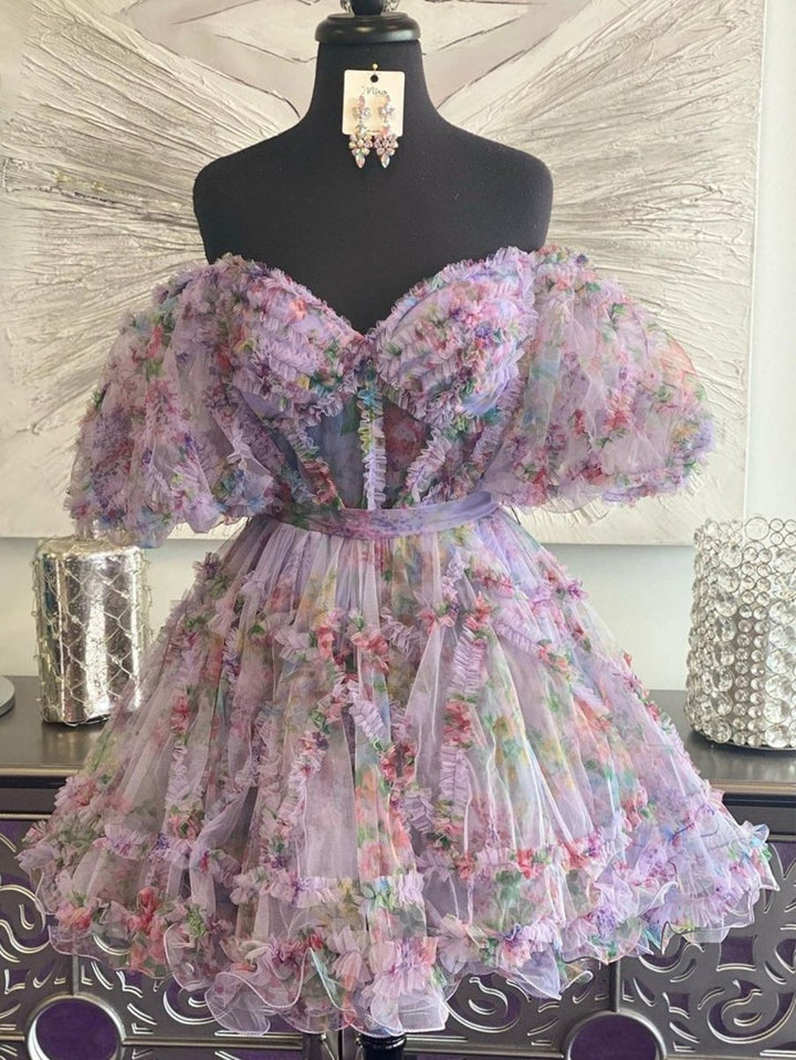 Koscy A Line Off the Shoulder Floral Printed Homecoming Dress