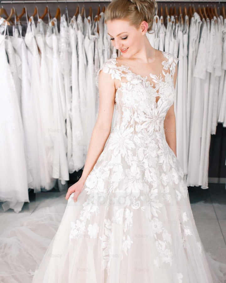 A-Line Bateau Appliques Lace Pearl Floor-length Tulle Wedding Dress