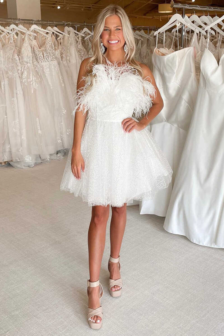 Koscy A-Line Black Sequin Feather Short Party Dress