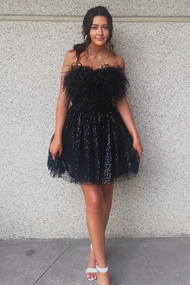 Koscy A-Line Black Sequin Feather Short Party Dress