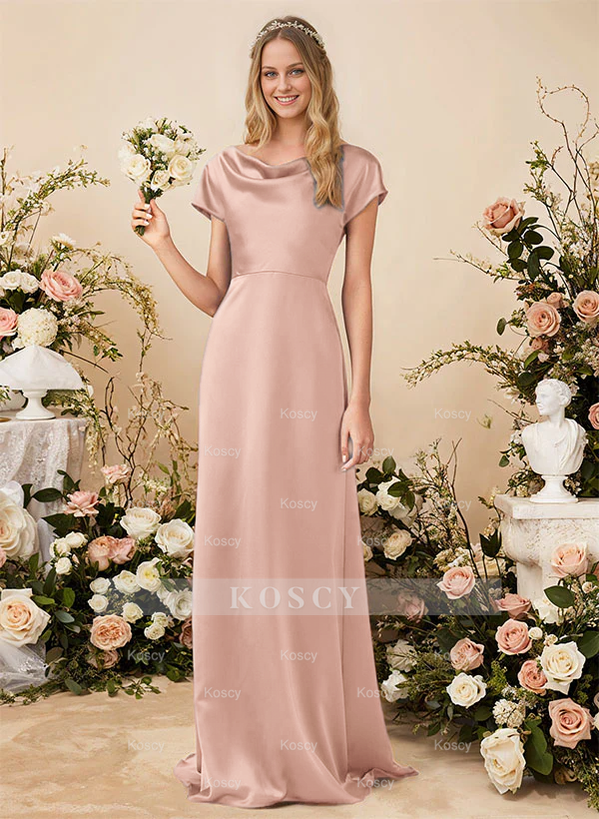 A-Line Cowl Neck Short Sleeves Sweep Train Silk Like Satin Bridesmaid