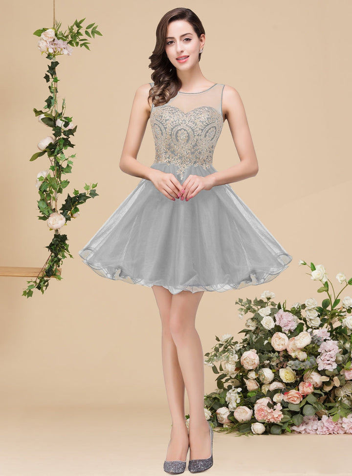 A-line Crew Sleeveless Gold Lace Appliques Knee Length Dress-koscy