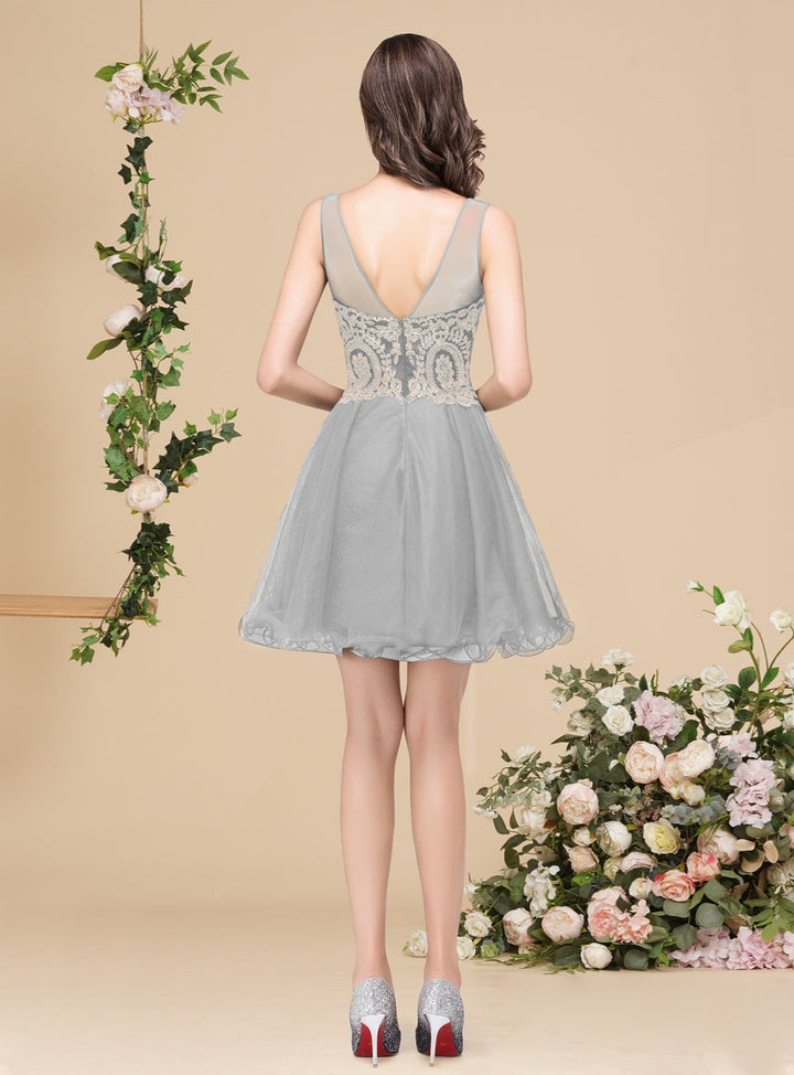 A-line Crew Sleeveless Gold Lace Appliques Knee Length Dress-koscy