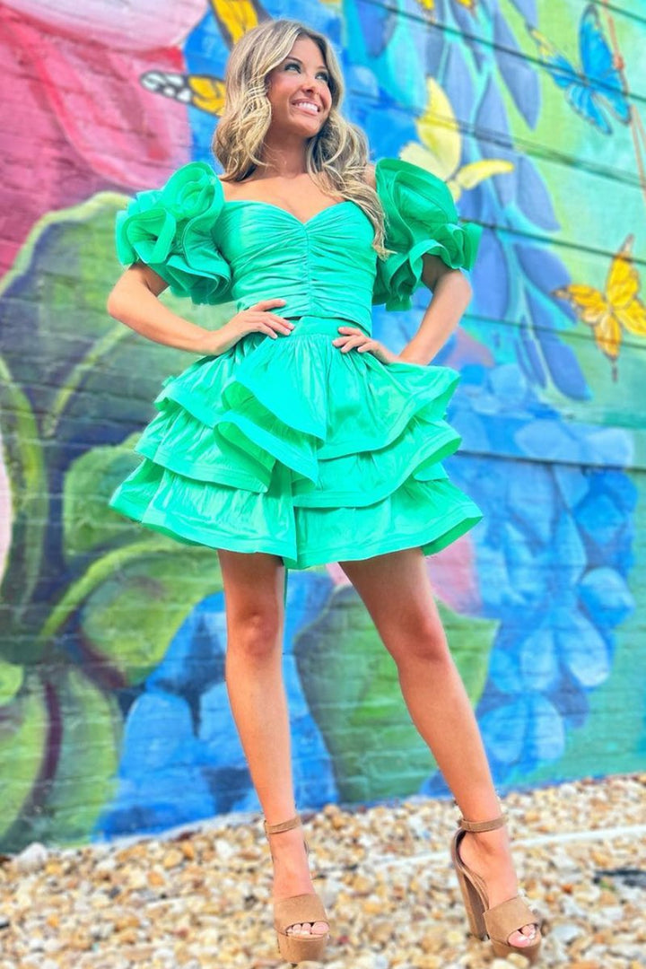 Koscy A-Line Green Ruffle Sleeves Layered Short Party Dress
