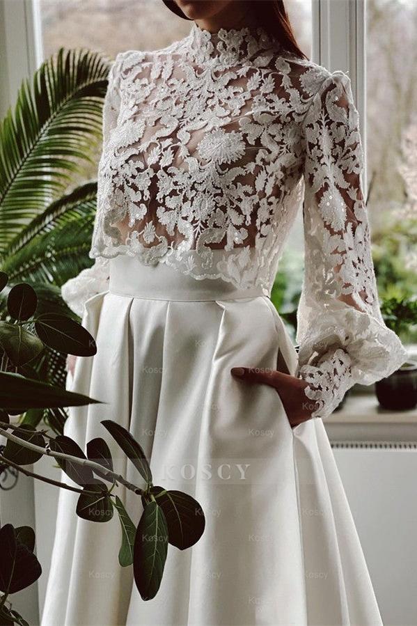 A-line High Neck Satin Lace Wedding Dress with Pockets