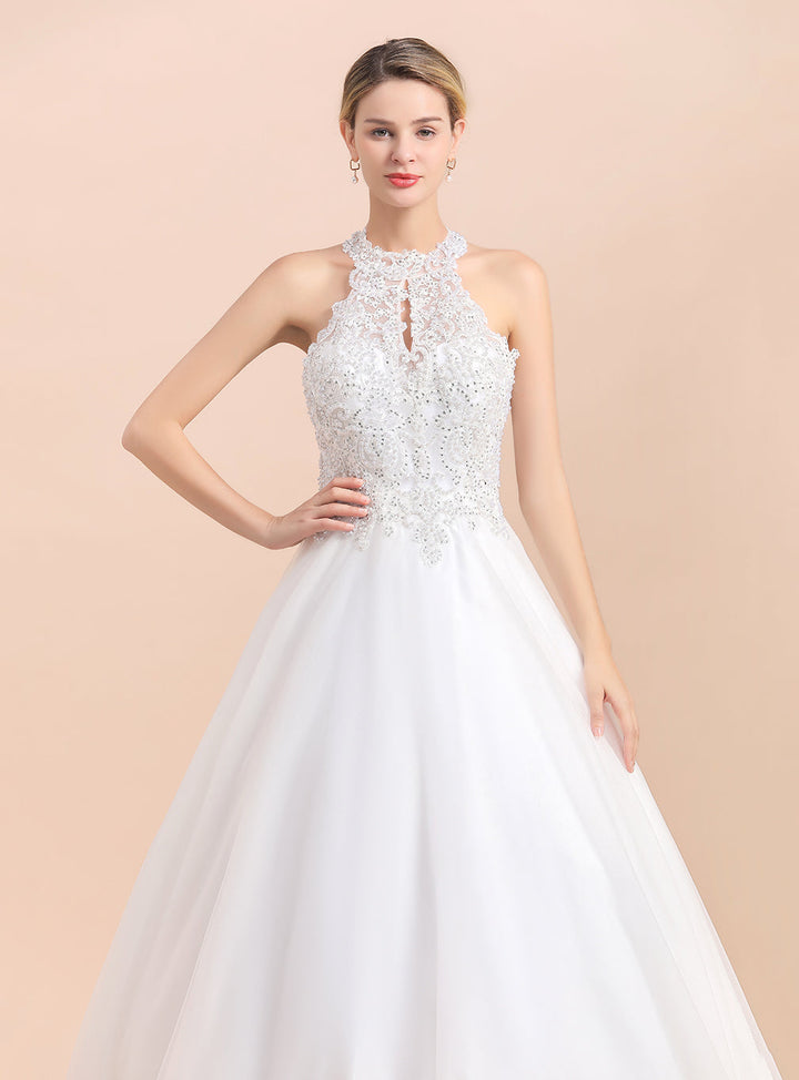 A-Line High-Neck Sleeveless Lace Appliques Sequins Dress-koscy