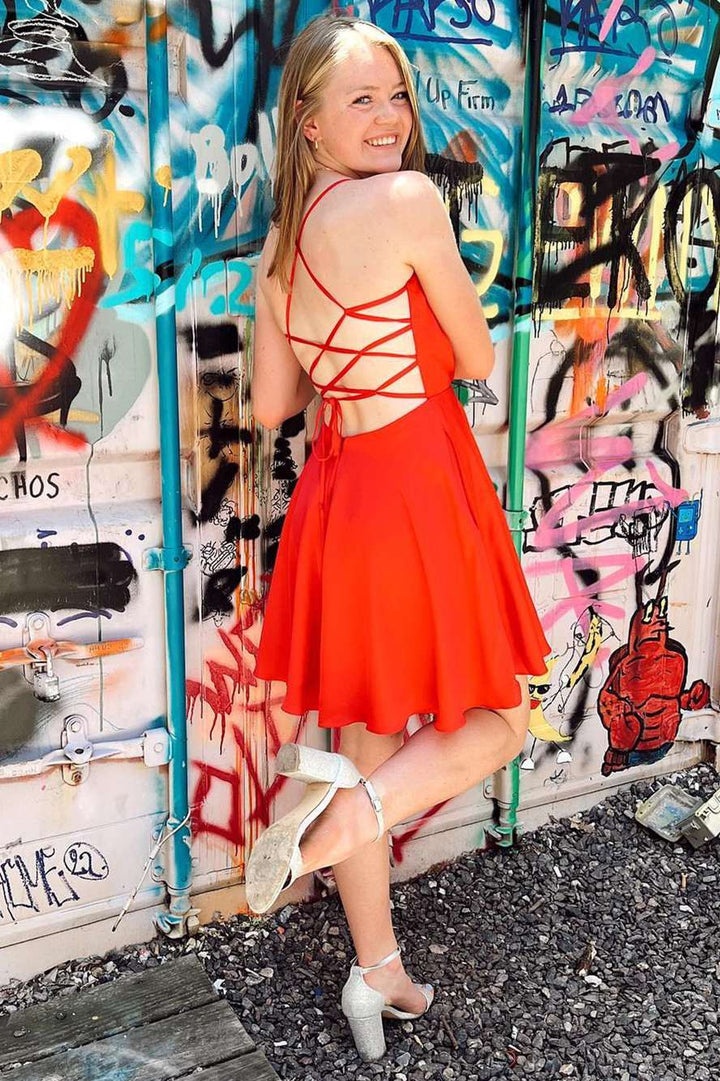 Koscy A Line Hot Pink Cowl Neck Lace-Up Short Homecoming Dress