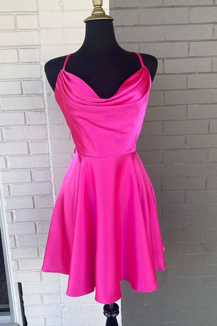 Koscy A Line Hot Pink Cowl Neck Lace-Up Short Homecoming Dress