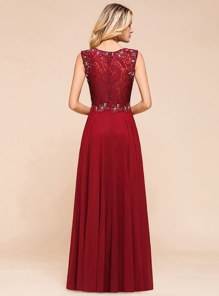 A-Line Jewel Lace Sleeveless Chiffon Dress-koscy