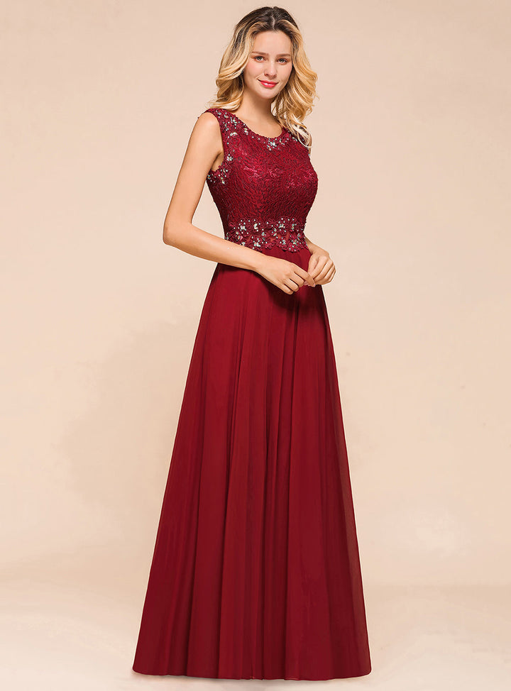 A-Line Jewel Lace Sleeveless Chiffon Dress-koscy