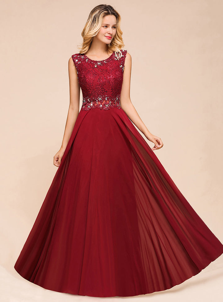 A-Line Jewel Lace Sleeveless Chiffon Dress-koscy
