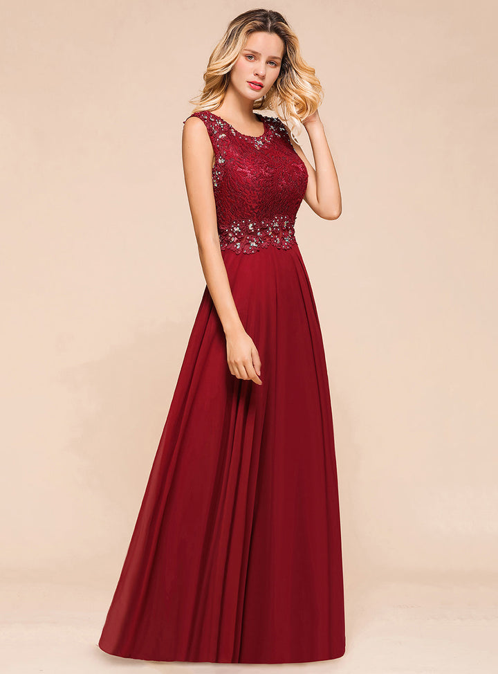 A-Line Jewel Lace Sleeveless Chiffon Dress-koscy