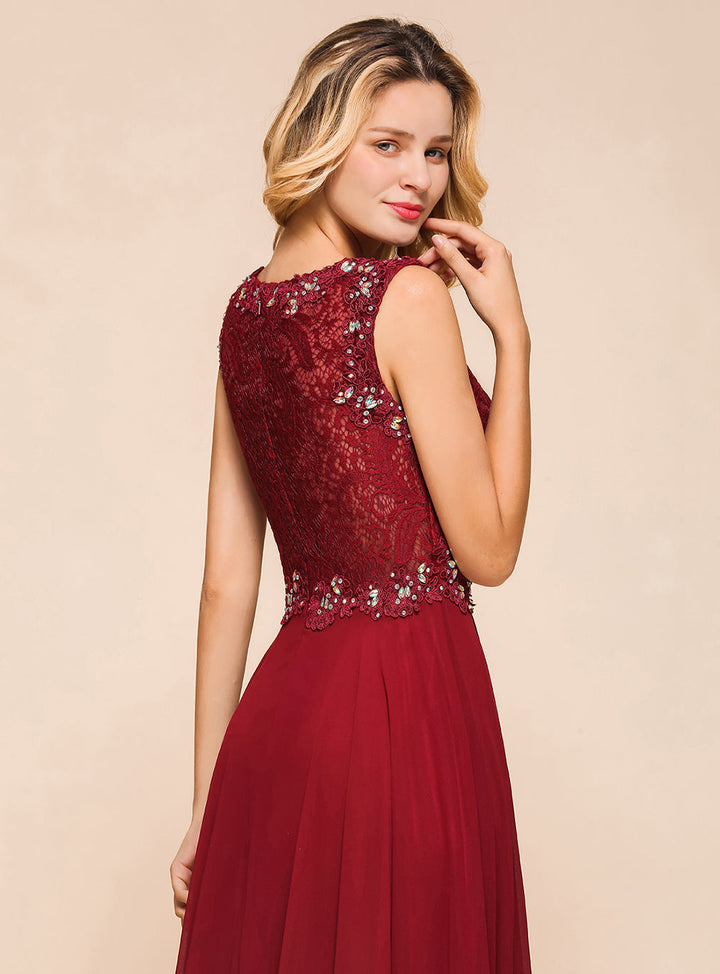 A-Line Jewel Lace Sleeveless Chiffon Dress-koscy