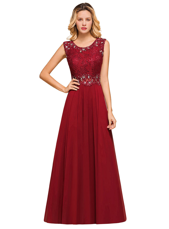 A-Line Jewel Lace Sleeveless Chiffon Dress-koscy