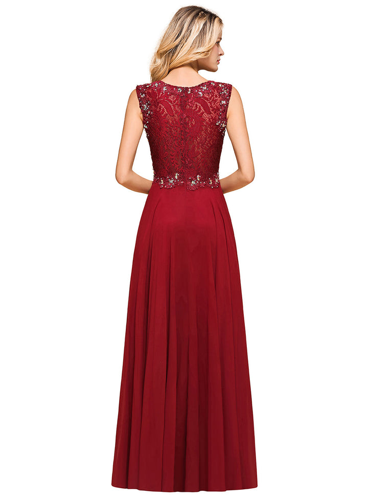 A-Line Jewel Lace Sleeveless Chiffon Dress-koscy