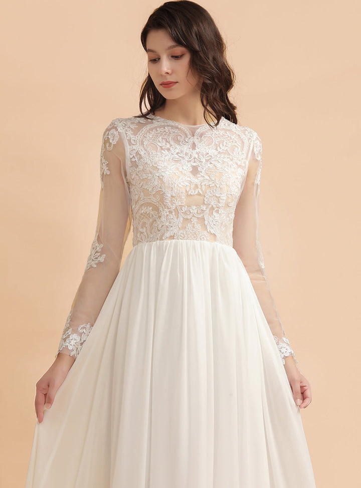 A-Line Jewel Long Sleeves Chiffon Lace Dress-koscy