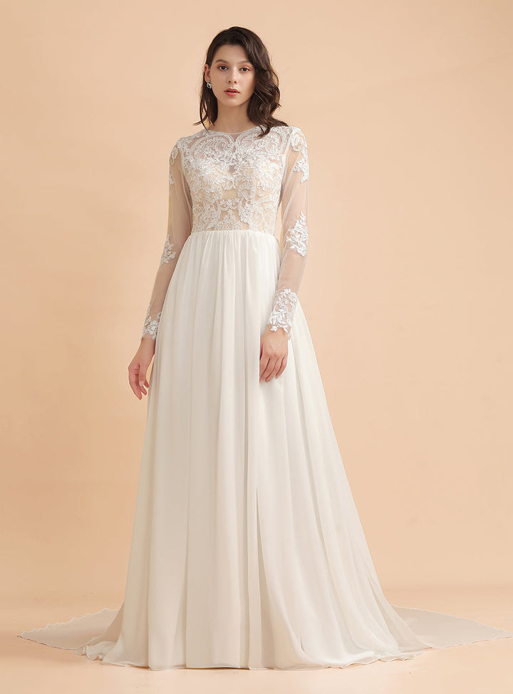 A-Line Jewel Long Sleeves Chiffon Lace Dress-koscy
