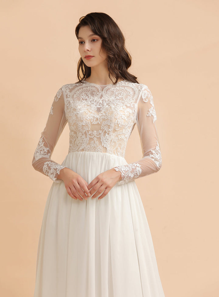 A-Line Jewel Long Sleeves Chiffon Lace Dress-koscy