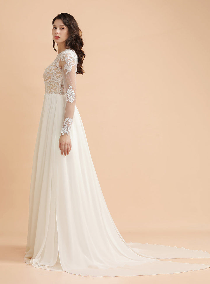 A-Line Jewel Long Sleeves Chiffon Lace Dress-koscy