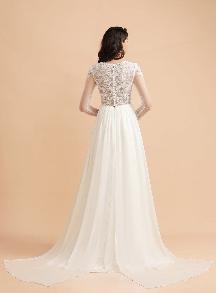 A-Line Jewel Long Sleeves Chiffon Lace Dress-koscy