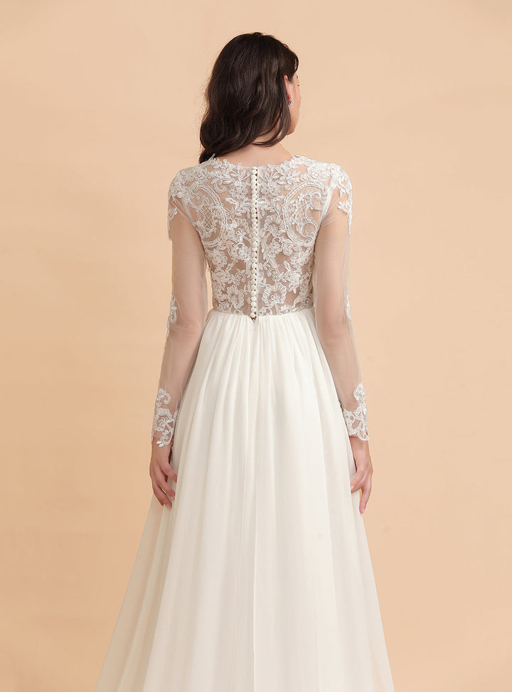 A-Line Jewel Long Sleeves Chiffon Lace Dress-koscy