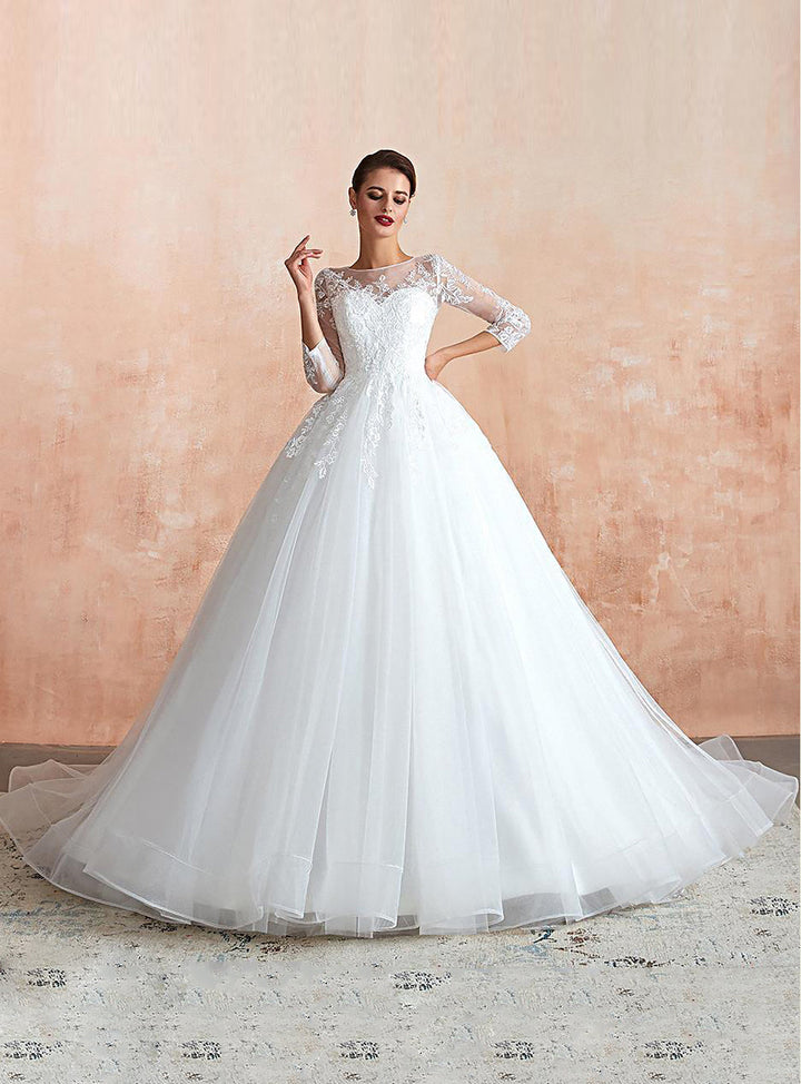 knee length dresses for ladies Ivory Lace Long Sleeves A-line Backless Wedding Dresses With Train, MW609
