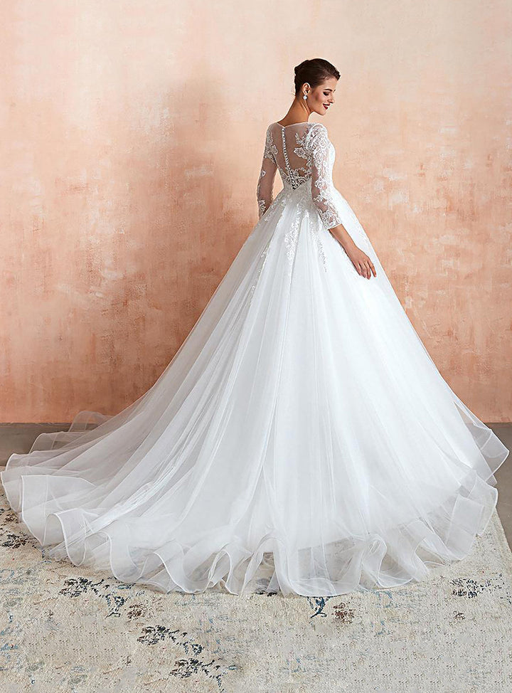 A-line Jewel Tulle Lace 3/4 Sleeves Chapel Train Dress-koscy
