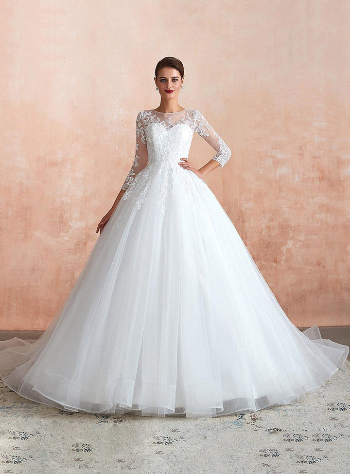 A-line Jewel Tulle Lace 3/4 Sleeves Chapel Train Dress-koscy