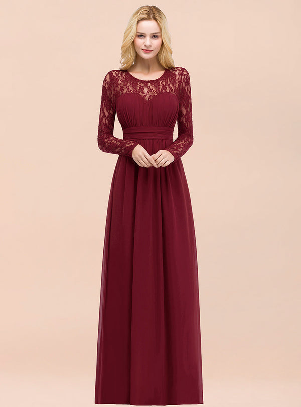 A-line Long Sleeves Lace Chiffon Floor-Length Dress Burgundy-koscy