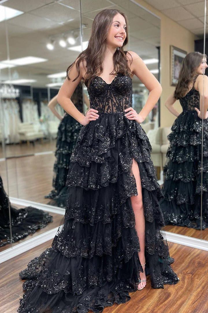black corset prom dresses A Line Off the Shoulder Black Corset Prom Dress with Lace Ruffles