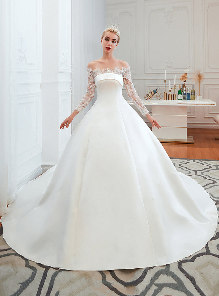A-line Off-the-Shoulder Long Sleeves Satin Cathedral Train Dress